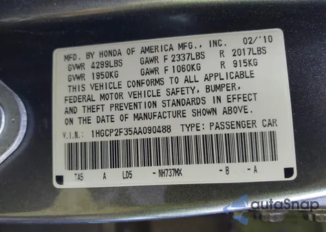 2010 Honda Accord 2.4 Lx из США, поврежденный, VIN 1HGCP2F35AA090488